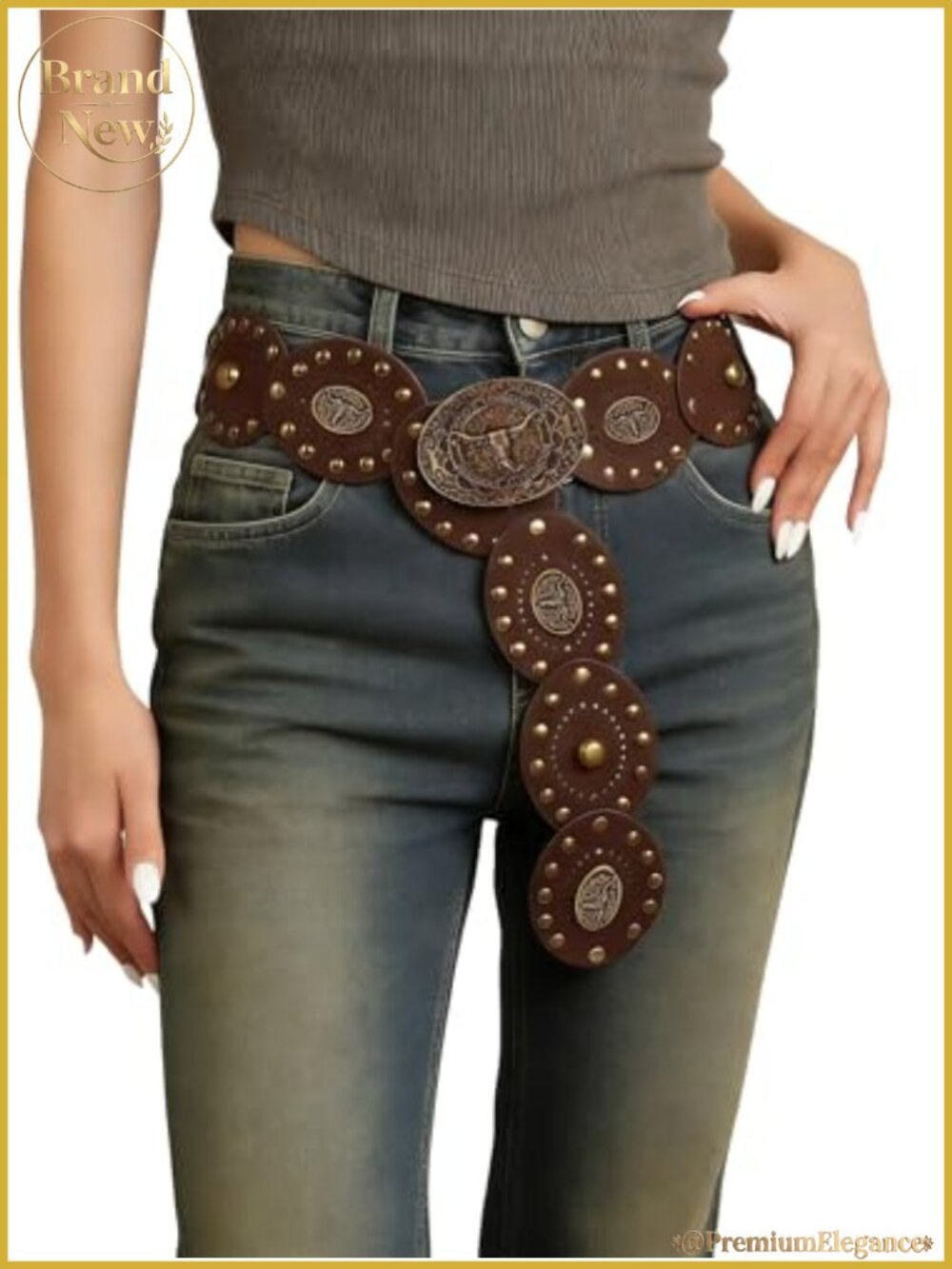 Western Wide Disc Concho Faux Leather Belt Bull Vintage Rivet Punk Boho